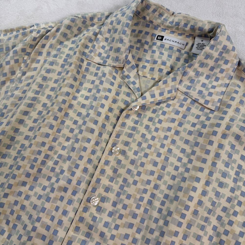 Bachrach Mens Medium 100% Silk Short‎ Sleeve Geometric Button Up Shirt Blue Tan